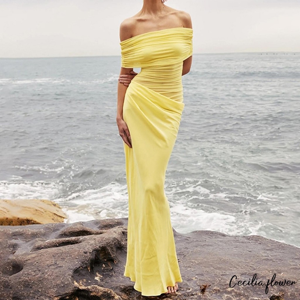 Đầm dài nữ màu trơn Thuyền cổ lệch vai Đầm Bodycon thời trang mùa hè
