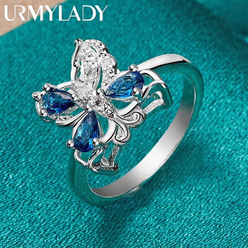 URMYLADY Bạc 925 Bướm Xanh Zircon 7-10 # Nhẫn Nữ Trang Sức Quyến Rũ Thời Trang