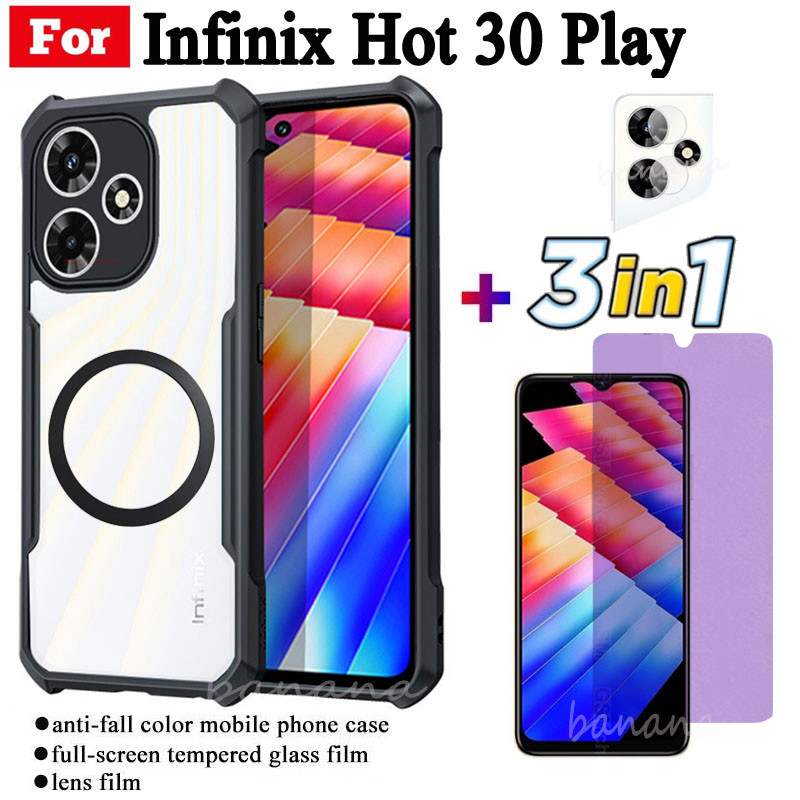 Ốp điện thoại chống sốc 3 trong 1 Infinix Hot 30 Play có nhãn dán sạc không dây từ tính cho Infinix Hot 30 4G Hot 30i 40i 40 Pro Bảo vệ toàn diện Kính cường lực + Phim ống kính