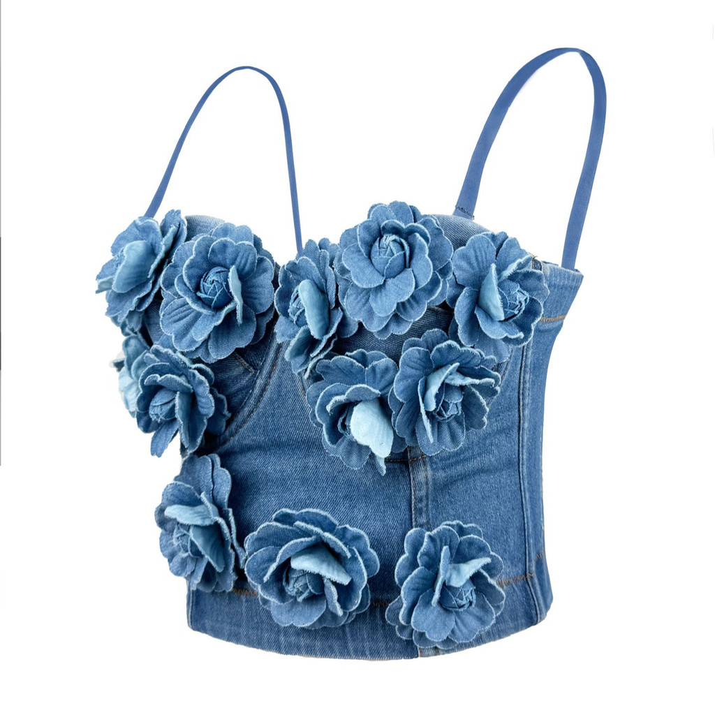 Mùa Hè 2025 Phong Cách Mới Nữ Handmade Đính Hạt Hoa Tôn Trang Cao Cấp Gợi Cảm Áo yếm Denim Xương Cá Corset
