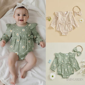 / / -Baby Girl Fall Bubble In hoa cúc Áo liền quần cổ tròn dài tay có băng đô