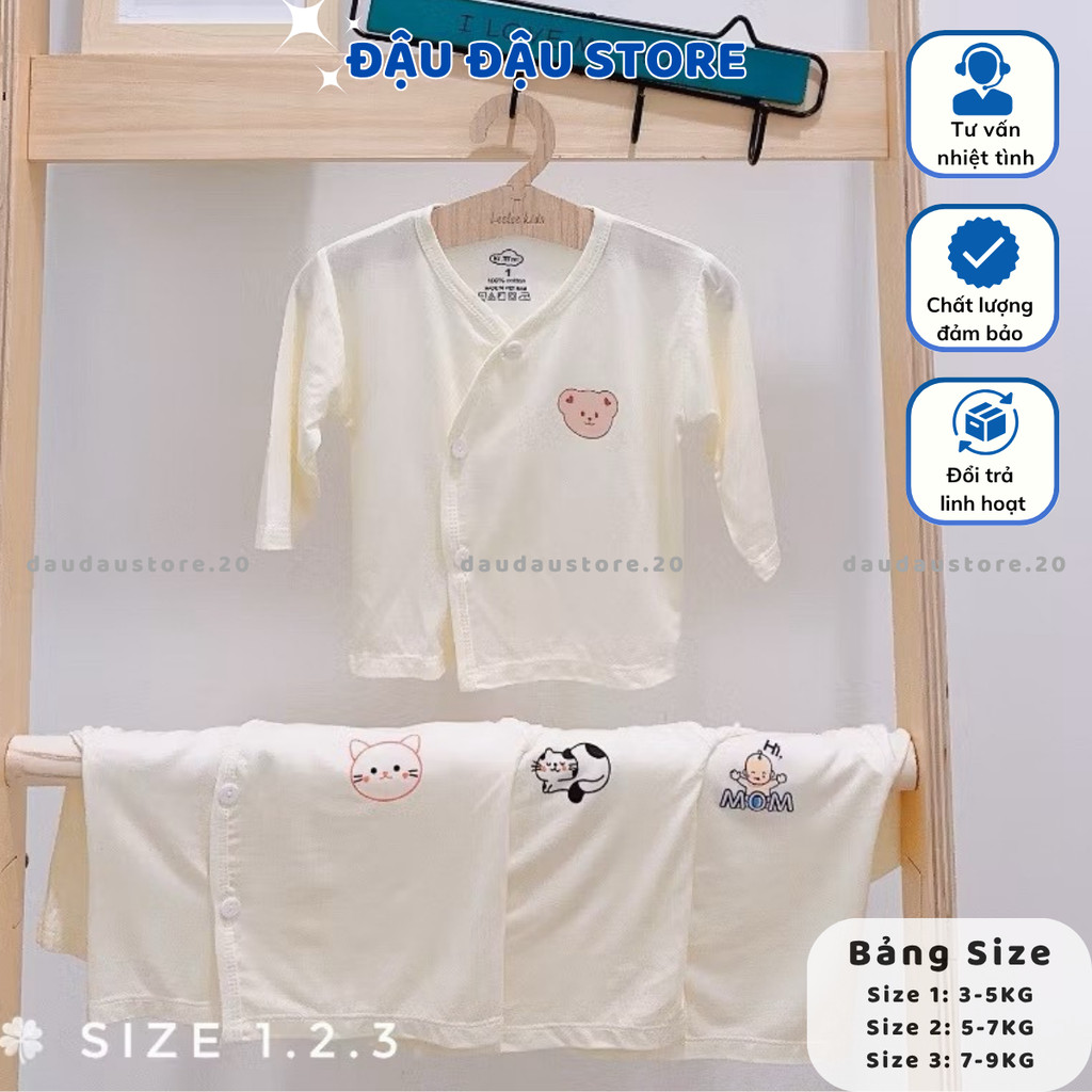 Combo 3/5 áo dài tay sơ sinh petit nền kem in ngực mềm mịn thấm hút mồ hôi cho bé sơ sinh 0-9 tháng AL22 Đậu Đậu Store