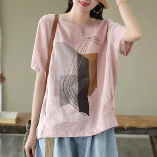 Vải lanh Cotton mỏng cỡ lớn cổ tròn thêu dáng rộng