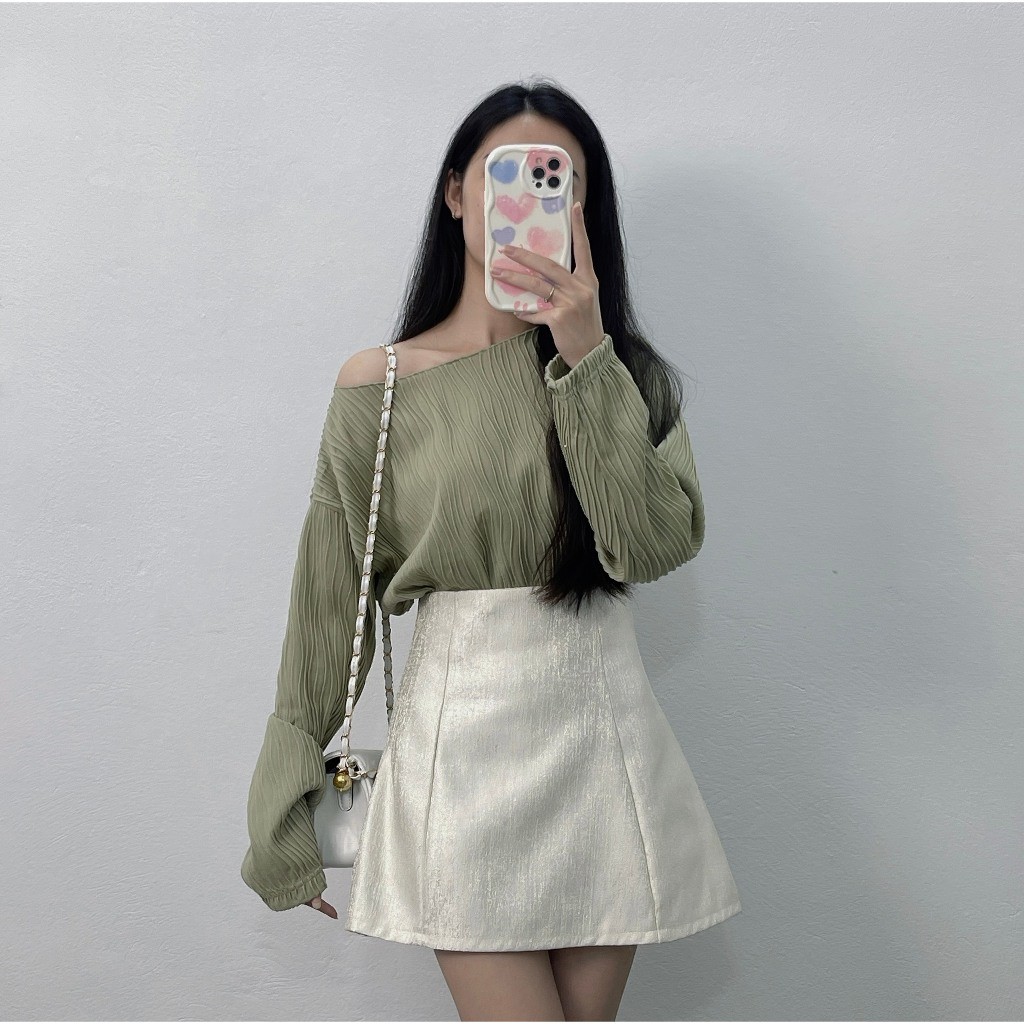 Áo Lệch Vai, Áo Thun Gân Sóng Dài Tay Vải Mềm Form Rộng Cổ Tròn, Thiết Kế Basic Dễ Phối Đồ