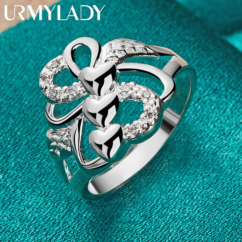 URMYLADY Bạc 925 Ba Trái Tim 7-10 # Nhẫn Nữ Tiệc Cưới Thời Trang Quyến Rũ Trang Sức