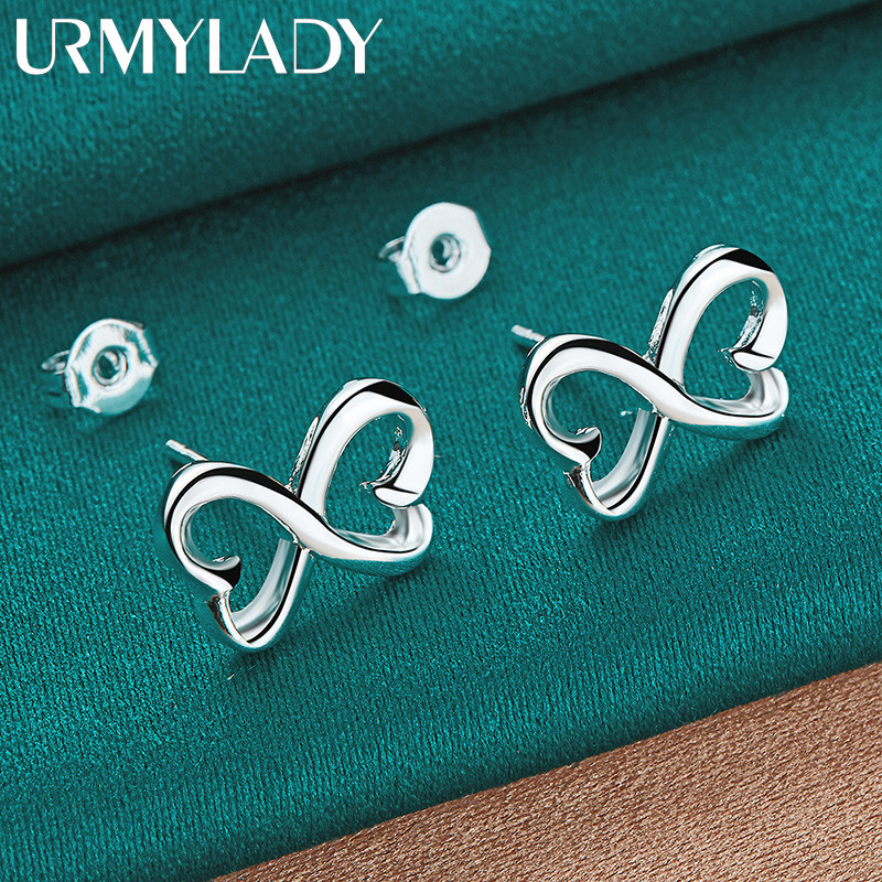 URMYLADY Bạc 925 Trái Tim Nơ Bông Tai Dành Cho Nữ Trang Sức Đính Hôn Thời Trang