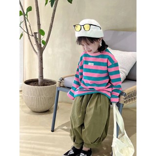 Mùa Xuân Thu Mới Bé Trai Bé Gái Dài Tay Đáy Áo Sơ Mi Trẻ Em Bé Thời Trang Hàn Quốc Cổ Tròn Sọc Áo