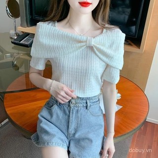 Mùa Hè 2025 Mới Nữ Nơ Chi Tiết Vai Ngắn Tay Thiết Kế Áo Voan Top Độc Đáo Và Phong Cách Áo
