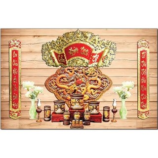 Tranh in canvas hình thờ, tranh câu đối, liễng thờ, mâm ngũ quả, tranh in 3D phía sau bàn thờ nhiều mẫu