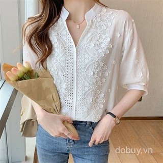 Nữ Mùa Hè 2025 Mới Nguyên Chất Cotton Thời Trang Áo Sơ Mi Đứng Cổ Thêu Rỗng Ra Năm Inch Tay Áo