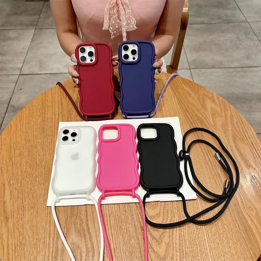 Dây đeo vòng cổ có thể điều chỉnh Dây đeo chéo Vỏ điện thoại cho iPhone 16 Pro Max 15Pro 14Pro 13 Khung sóng Vỏ silicon mềm