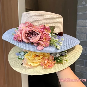 Mũ chống nắng rơm dành cho nữ Thời trang Vành rộng dệt chống nắng Mũ đi biển hoa