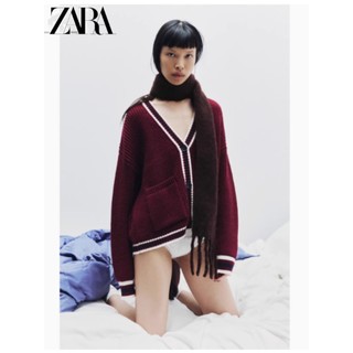 Áo Zara made in Morocco len cadigan đỏ đô viền trắng - nữ