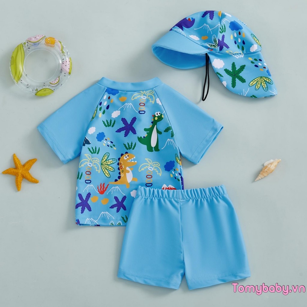 Bộ Đồ Bơi Bé Trai Mùa Hè In Hình Dễ Thương Dây Kéo Áo Tay Ngắn + Quần Bơi + Mũ Đồ Bơi