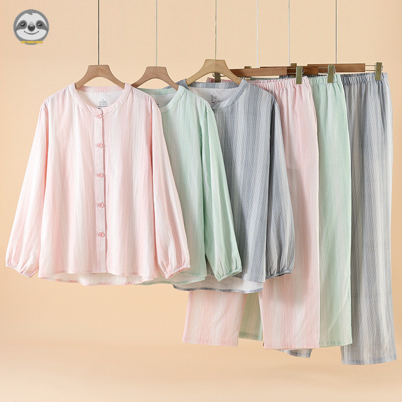 Phong cách Nhật Bản Phong cách Muji / Nam Nữ Phong cách cặp đôi Cotton nguyên chất Gạc đôi Gradient Bộ đồ ngủ sọc / Bộ đồ mặc nhà thông thường có thể mặc bên ngoài