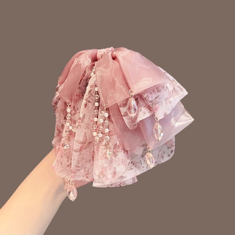 MAUROPOLI [Sẵn Sàng] Mặt Dây Chuyền Voan Màu Hồng Cổ Tích Nơ Hoa Đuôi Ngựa Kẹp Phong Cách Mới Cao Cấp Siêu Tính Khí Kẹp Tóc Tua Rua Tinh Tế