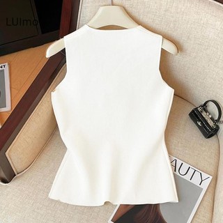Luimo Pháp Thanh Lịch Nút Hoa Cổ Tròn Không Tay Áo Dệt Kim Mỏng Cho Nữ SBS