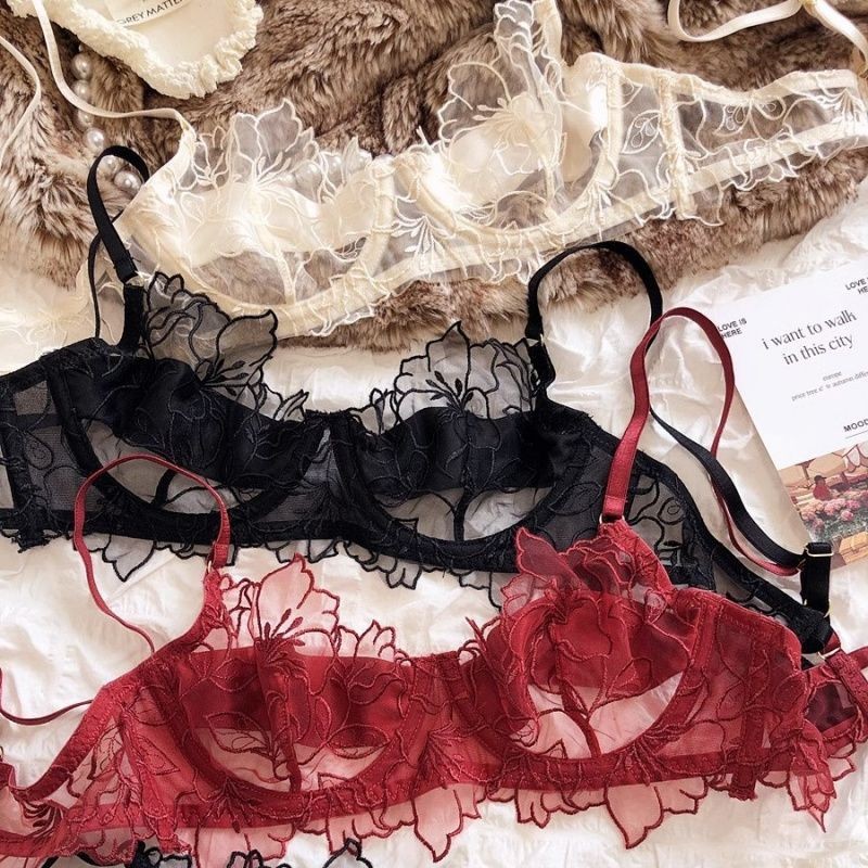 Pháp Sexy thêu đồ lót ren lưới sợi mềm khung siêu mỏng Bra