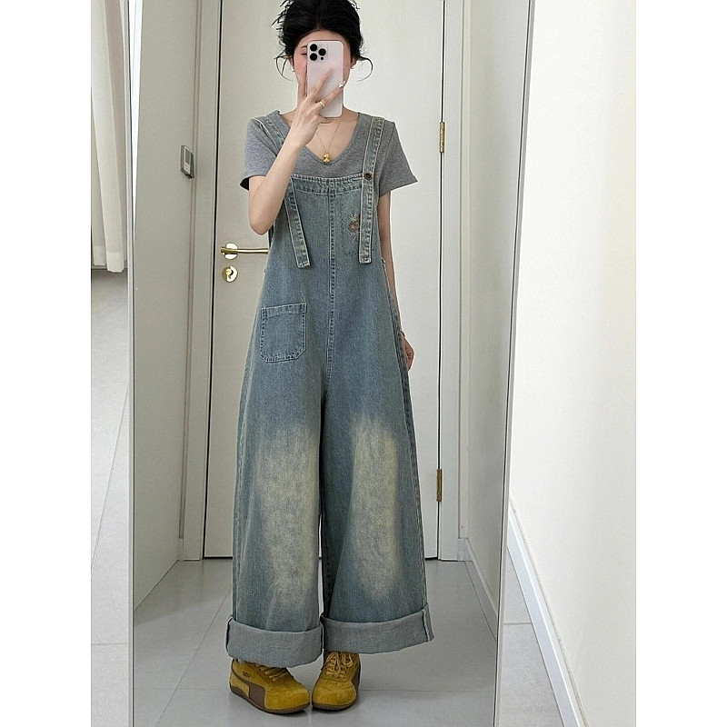 [YU]Quần yếm denim nữ trẻ trung, ống rộng thoải mái, thiết kế jumpsuit thẳng hiện đại.