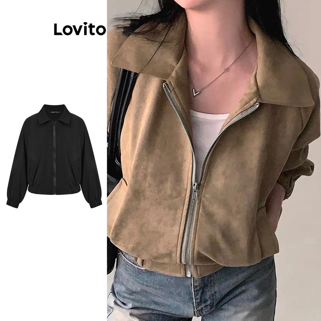 Lovito Phong cách thường ngày Áo Khoác Trơn Khóa Kéo Thời Trang Thu/đông Cho Nữ Lne30129 (nâu)