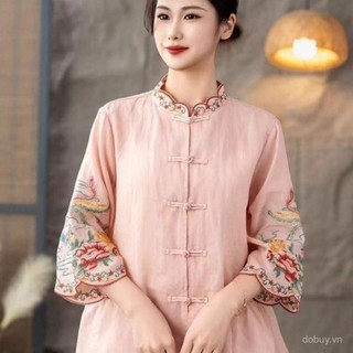 Mùa Hè 2025 Nữ Thêu Phong Cách Trung Hoa Áo Sơ Mi Lá Sen Đứng Cổ Hoa Thêu Ngược Mở Đầu Dân Tộc Retro Vải Lanh Cotton Áo