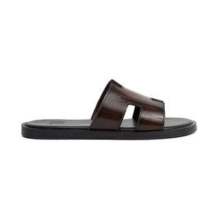 Dép chữ H nam Fttleather da bò thật quai ngang dáng trơn đế phíp gỗ cao cấp bền, nhẹ, bám tốt D012