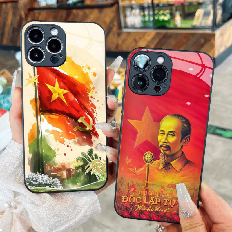 Ốp điện thoại kính màu vàng lá cờ Việt Nam Uncle Ho cho iPhone 16 17.35 14 13 12 11 8 7 6 6s 6p 7p 8p 6g 7g 8g Pro Max XR XS xsmax
