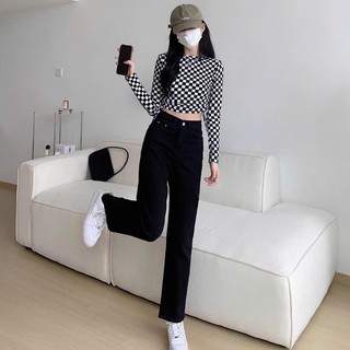 quần jean ống đứng nữ amily official store màu đen trơn lưng cao co dãn chất vảo bò dày dăn đẹp