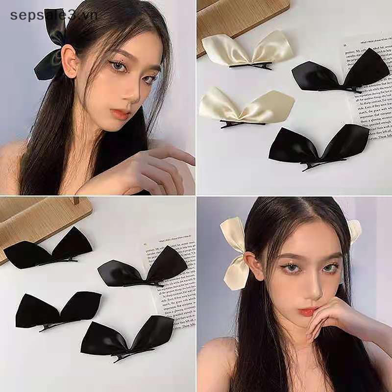 # Vn # 1 Cặp Đen Trắng Satin Nơ Kẹp Bên Kẹp Tóc Nơ Vintage Ngọt Ngào Dễ Thương Barrettes Mũ Đội Đầu Dành Cho Nữ Bé Gái Phụ Kiện Tóc.