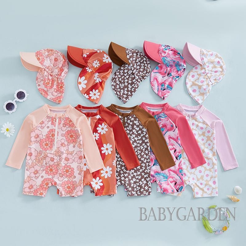 / / - [Đồ bơi dài tay bé gái 3 tháng-4 tuổi có mũ] Bộ đồ tắm bảo vệ phát ban có dây kéo nửa dây kéo không đóng cọc