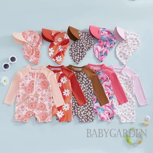 / / - [Đồ bơi dài tay bé gái 3 tháng-4 tuổi có mũ] Bộ đồ tắm bảo vệ phát ban có dây kéo nửa dây kéo không đóng cọc