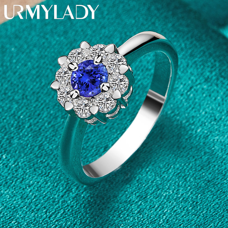 URMYLADY Bạc 925 Hoa Xanh Zircon 7-10 # Nhẫn Nữ Tiệc Cưới Trang Sức Thời Trang