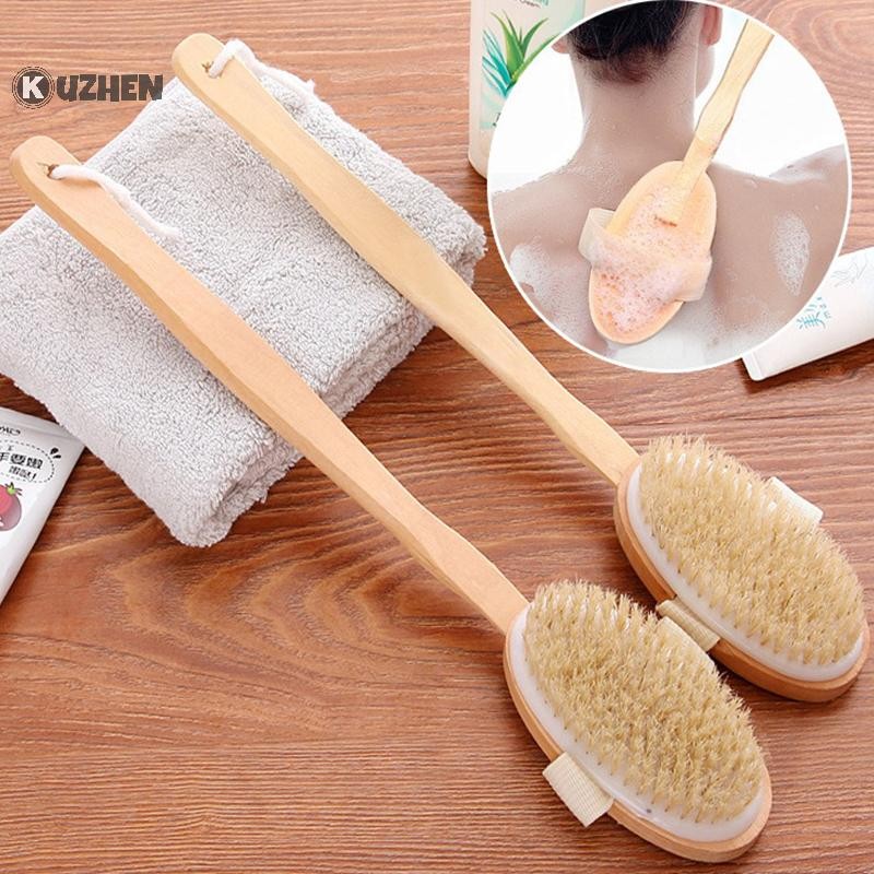 KUZHEN Phòng tắm Bàn chải cơ thể Tay cầm dài Tắm Lông tự nhiên Bàn chải tẩy tế bào chết Máy mát xa có tay cầm bằng gỗ Bàn chải khô Dụng cụ tắm HOT