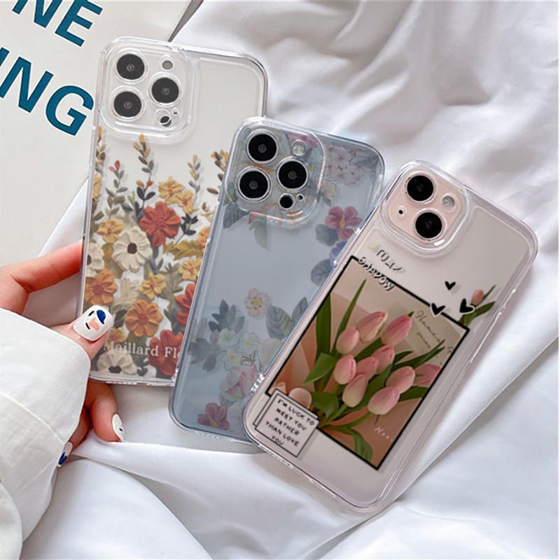 Ốp Điện Thoại Cho iPhone 12 13 14 Pro Max Plus Mini cover Vintage Y2K Hoa Hồng Hoa Trong Suốt Đơn Giản Chống Sốc Mềm Mại