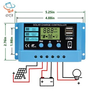 [DTA] Bộ điều khiển sạc năng lượng mặt trời 30A 20A 10A 12V 24V Bảng điều khiển năng lượng mặt trời tự động Bộ điều khiển LCD PV cho pin chì, USB kép VN