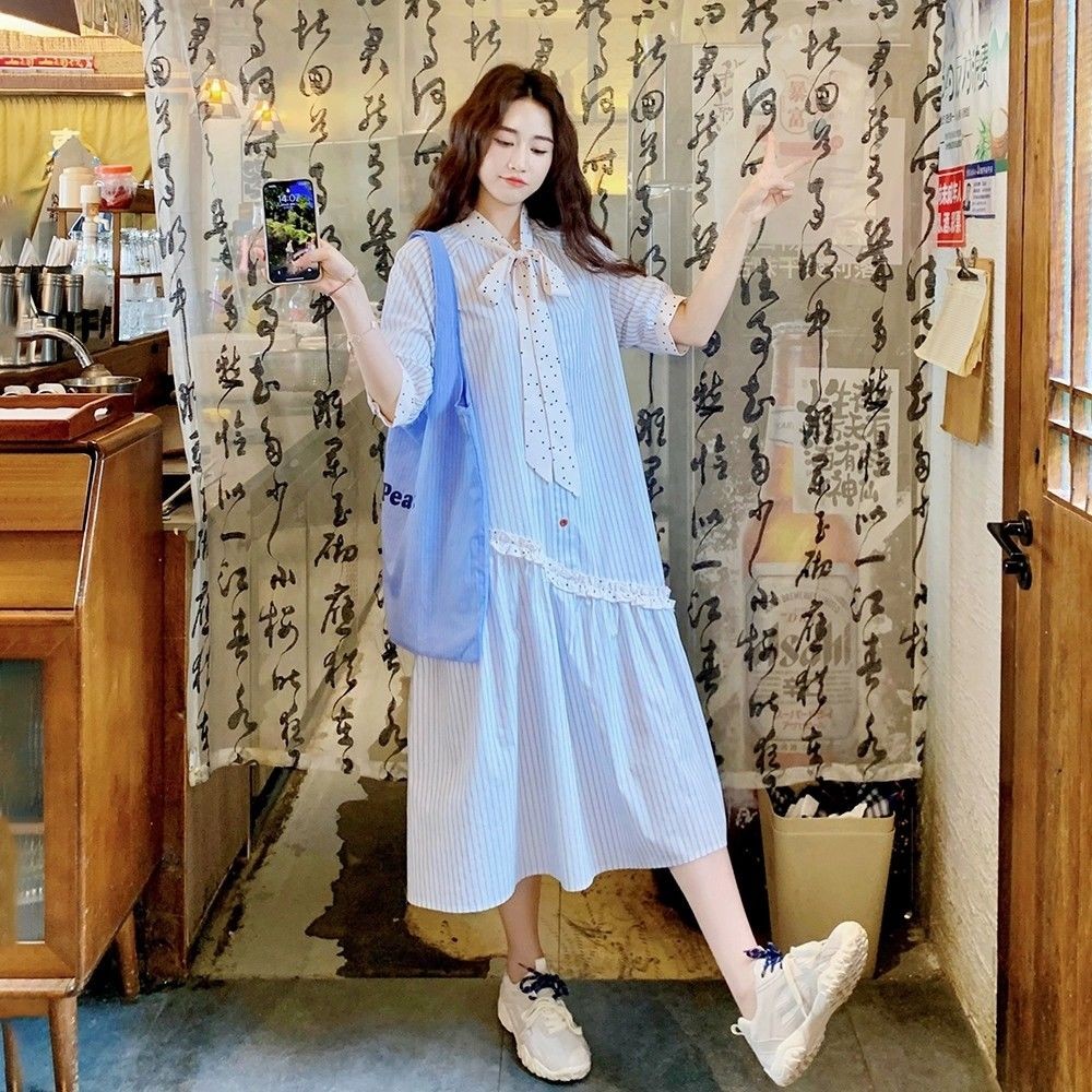 [YU]Set đồ nữ kiểu Hàn, váy midi xanh nhạt phối sơ mi rộng chấm bi, phong cách đại học.