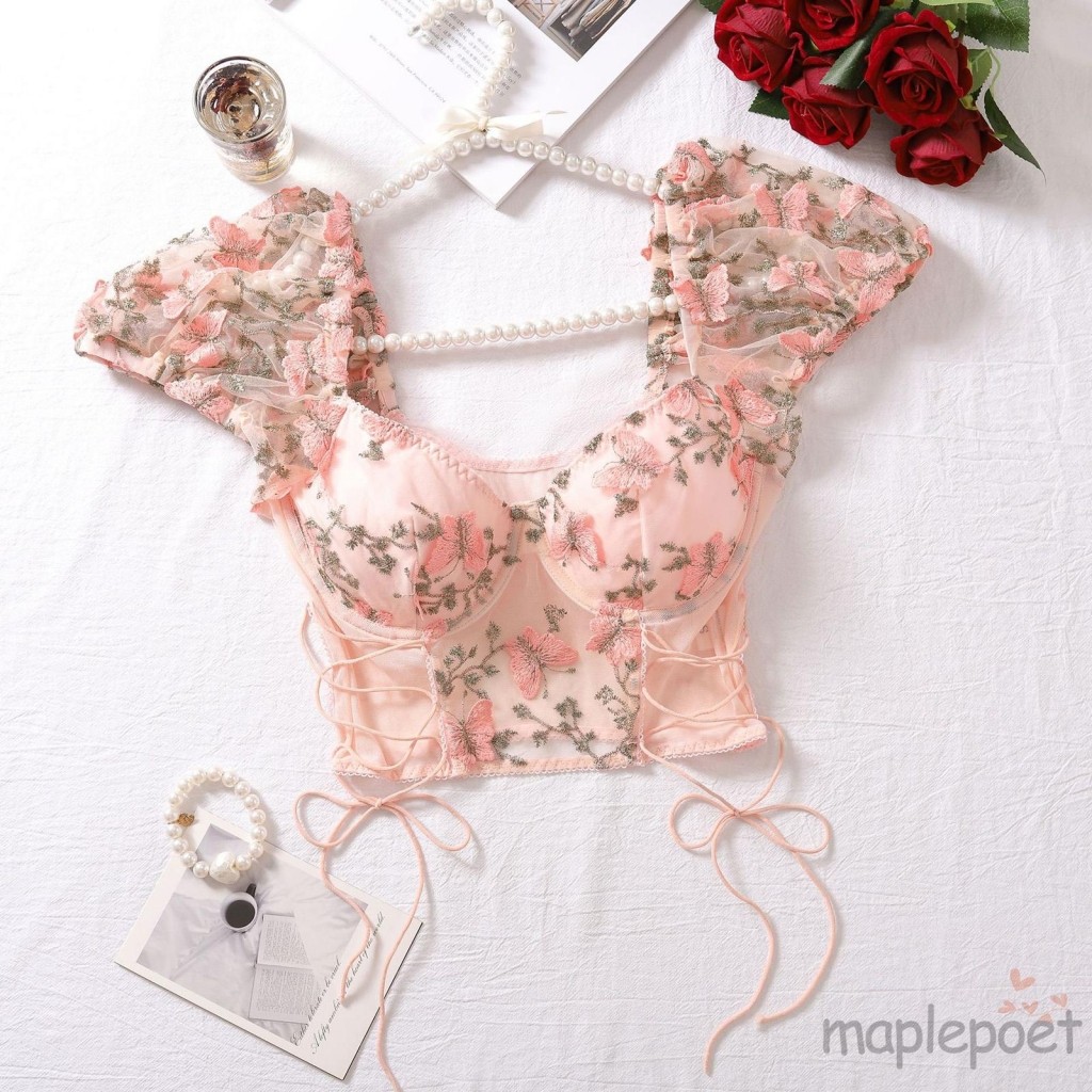 Maplepoet-trang phục đồ lót lưới ngắn tay thêu bướm dành cho nữ