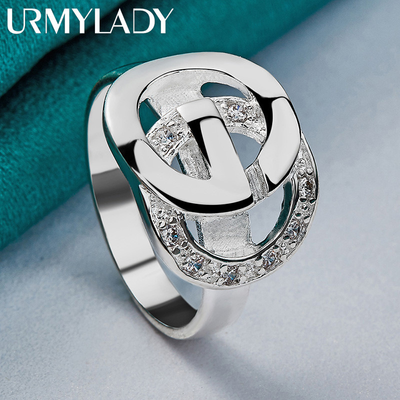 URMYLADY Bạc 925 Đôi Tròn Zircon 7-10 # Nhẫn Nữ Trang Sức Tiệc Cưới Thời Trang