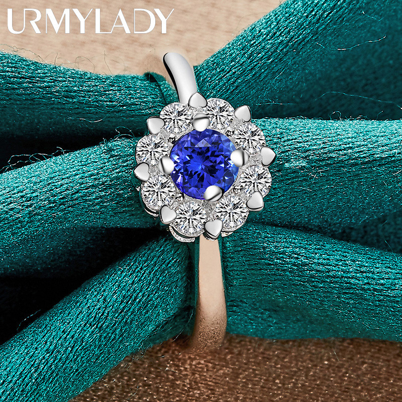 URMYLADY Bạc 925 Hoa Xanh Zircon 7-10 # Nhẫn Nữ Tiệc Cưới Trang Sức Thời Trang