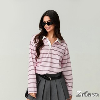 Áo sơ mi nữ dài tay sọc nửa nút cổ áo sơ mi Polo dáng rộng