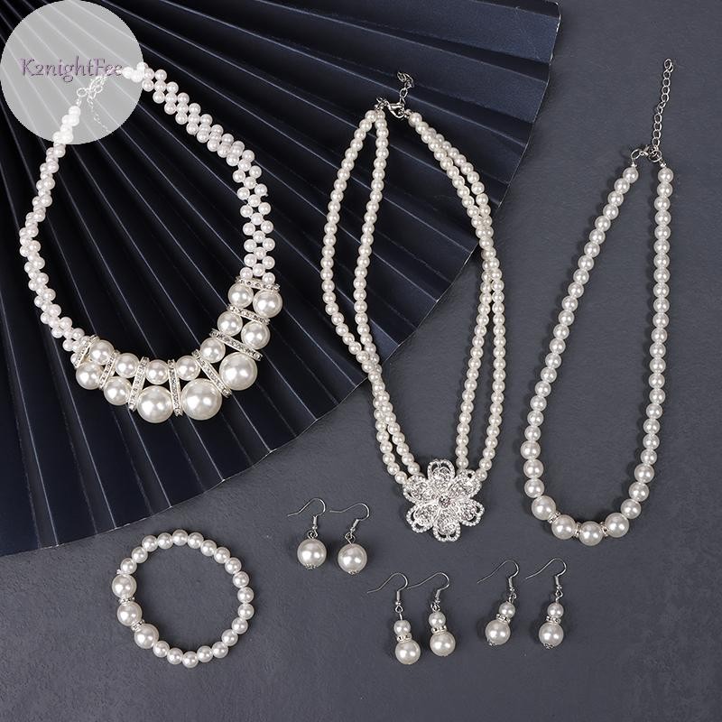 K2nightfee Thời Trang Vintage Nữ Cô Dâu Cưới Bộ Trang Sức Kim Cương Giả Ngọc Trai Vòng Cổ Vòng Tay Bông Tai Tiệc Cưới Trang Sức Quà Tặng VN