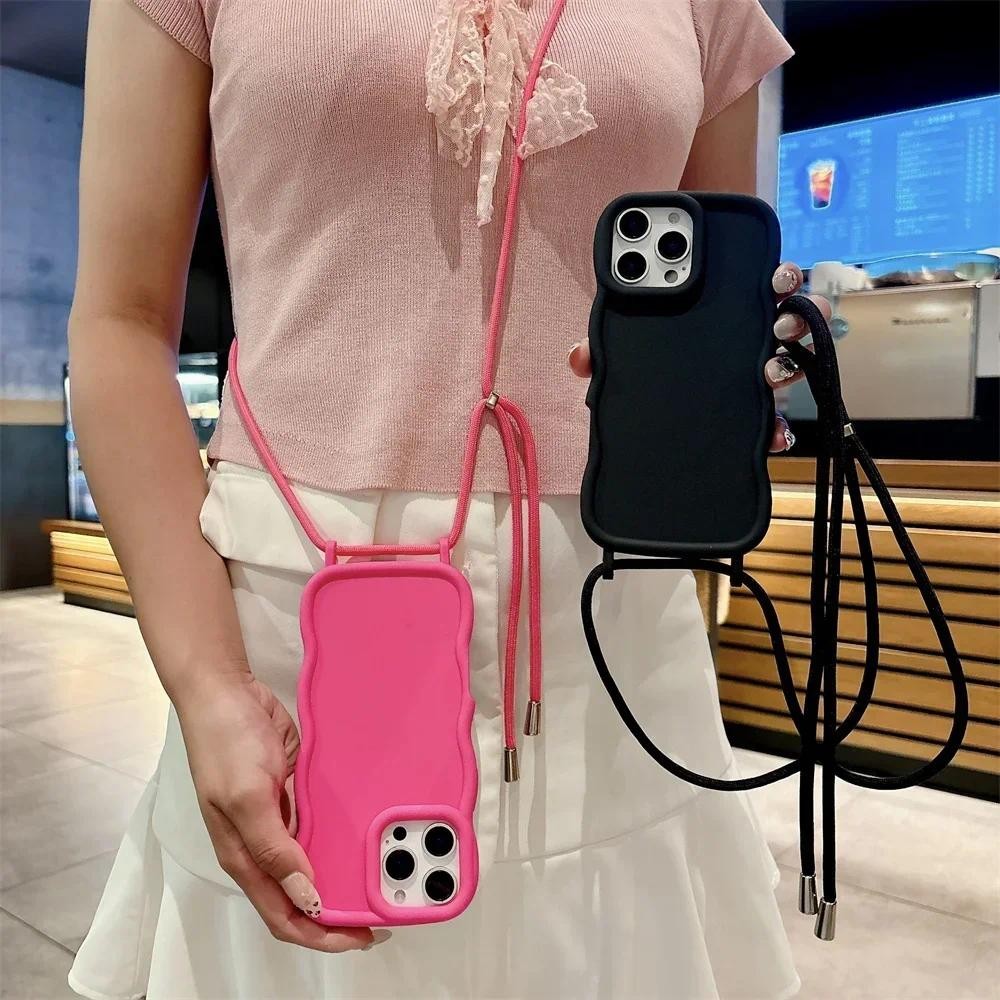Dây đeo vòng cổ có thể điều chỉnh Dây đeo chéo Vỏ điện thoại cho iPhone 16 Pro Max 15Pro 14Pro 13 Khung sóng Vỏ silicon mềm