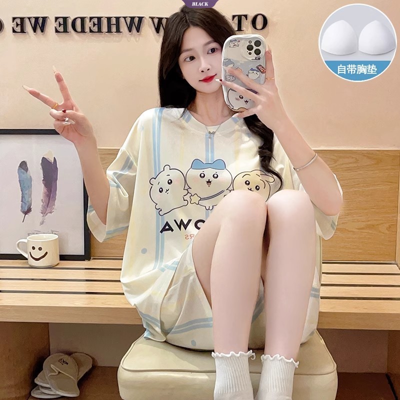 Bộ đồ ngủ Hachiware Sọc dễ thương Chiikawa Usagi Nữ Mùa hè có đệm ngực Quần Short tay ngắn Bộ đồ chờ [BL]