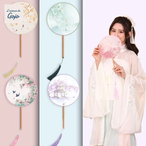 Quạt tay tròn GOJO, lụa cổ điển Trung Quốc, tay cầm dài, tranh mực thêu tua rua, dùng cho đám cưới