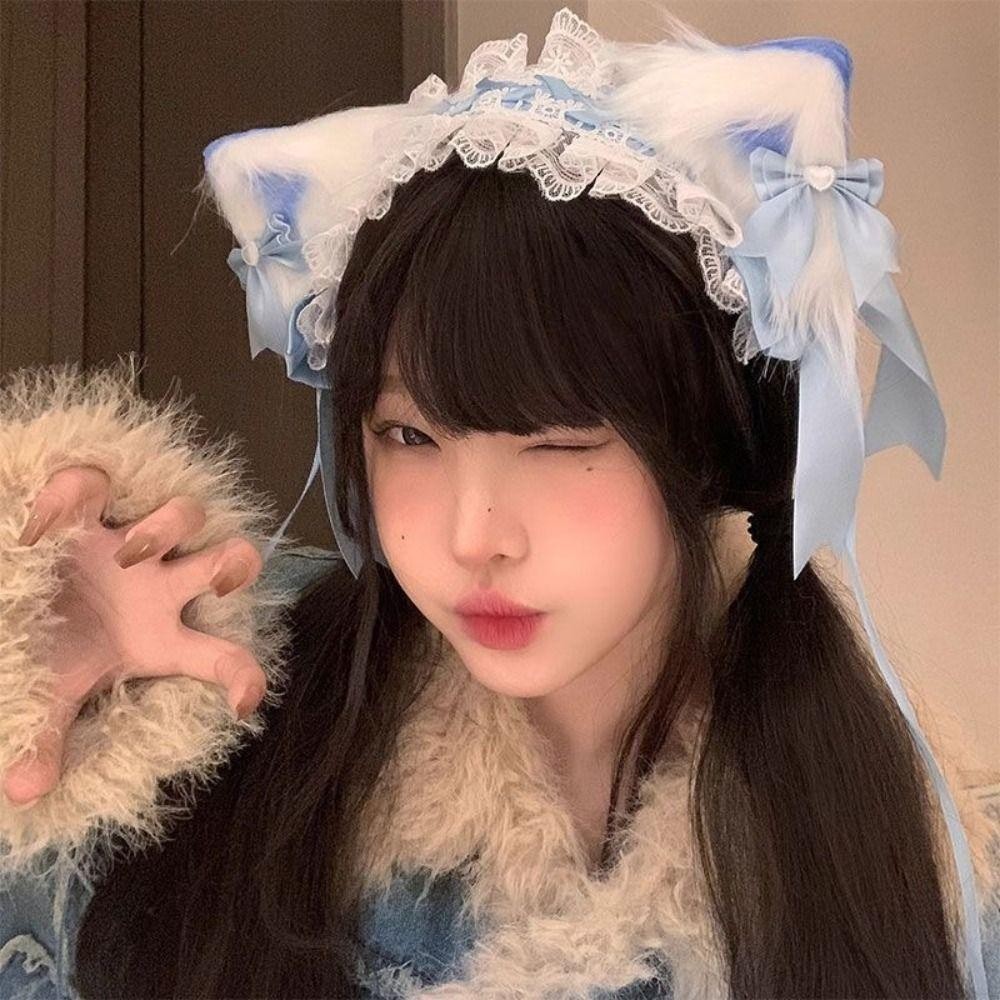 Băng đô tai mèo HAPPYNOOK nơ ren, phù hợp cosplay Lolita
