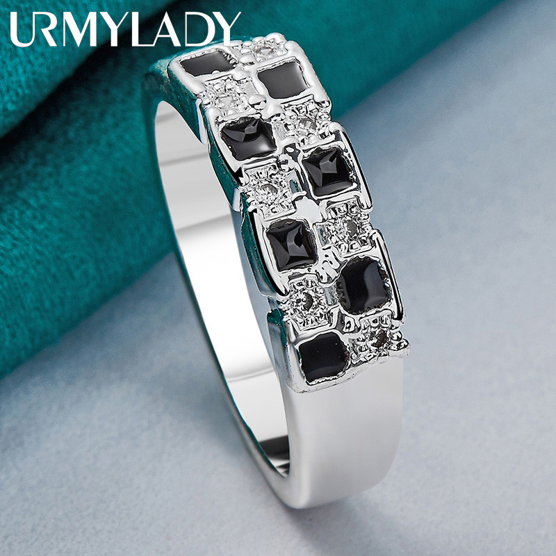 URMYLADY Bạc 925 Đen Trắng Lưới Zircon 7-10 # Nhẫn Nữ Trang Sức Quyến Rũ Thời Trang