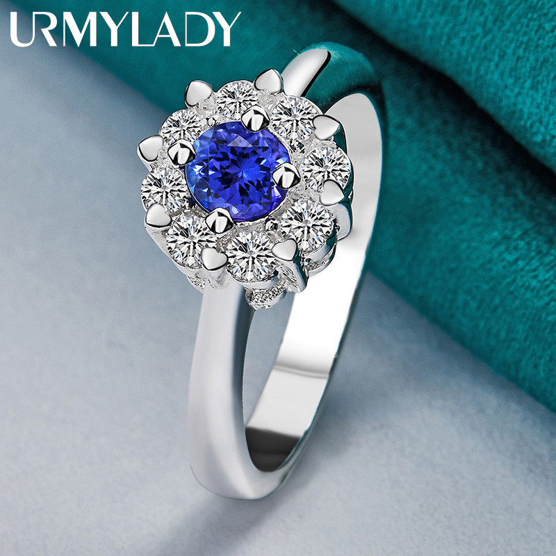 URMYLADY Bạc 925 Hoa Xanh Zircon 7-10 # Nhẫn Nữ Tiệc Cưới Trang Sức Thời Trang