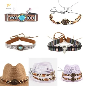 PPY Đai Mũ Phương Tây DIY Đính Hạt, Mũ Cao Bồi Ban Nhạc Phong Cách Mexico