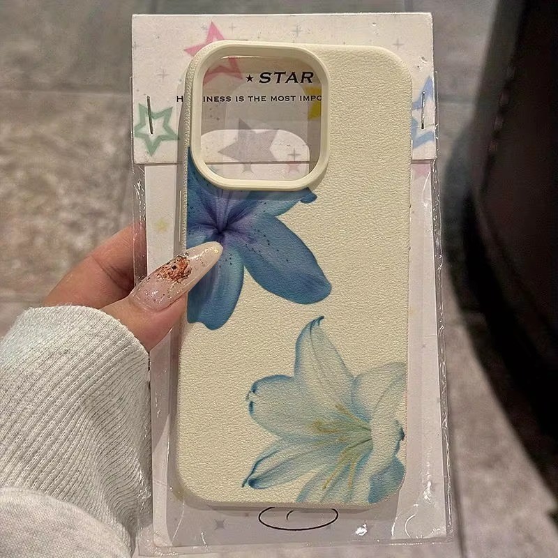 Ốp Điện Thoại Họa Tiết Lily Màu Xanh Thanh Lịch Cho iPhone 16 Pro Max 15 14 13 12 11 XS X XR 16 Plus 16e Ốp Lưng Mềm Chống Sốc