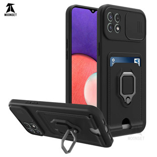 Dành Cho Samsung Galaxy A22 5G Ốp Lưng 4 Trong 1 Trượt Camera Bao Đựng Thẻ Đứng Vuông Freebie Dây Chống Sốc Chống Rơi Mỏng Mềm TPU Cover